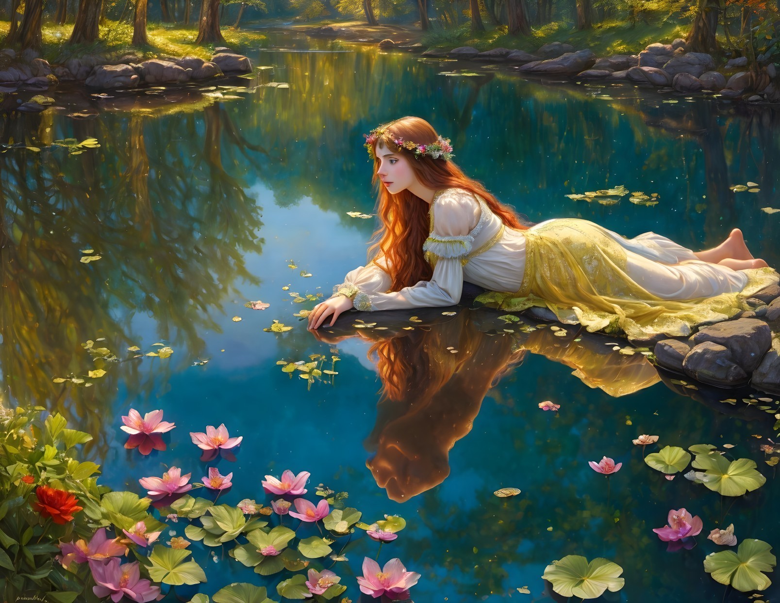 Red-haired woman with crown of leaves by calm pond and blooming flowers