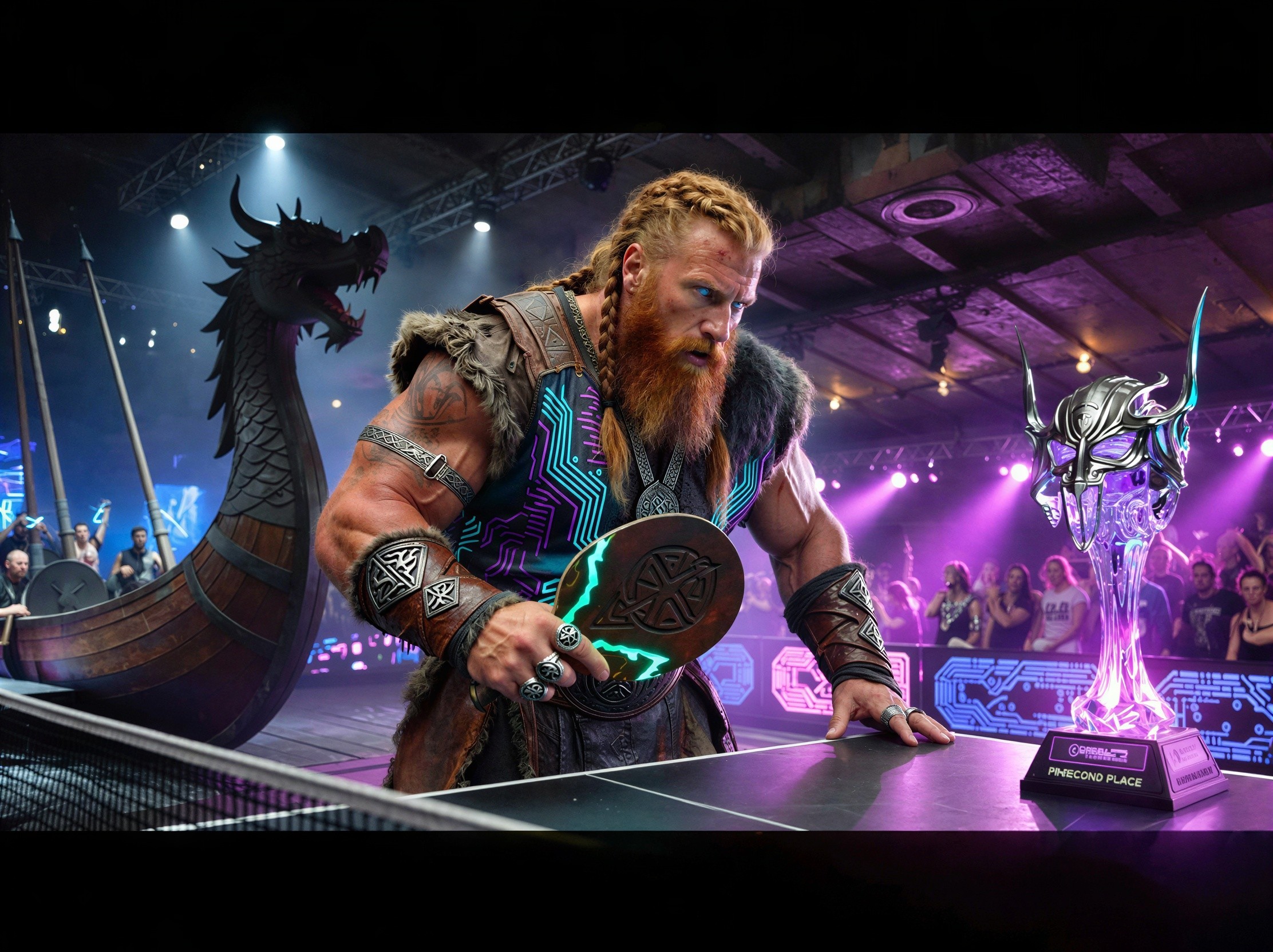 Viking Warrior with Futuristic Paddle at Ping-Pong Table