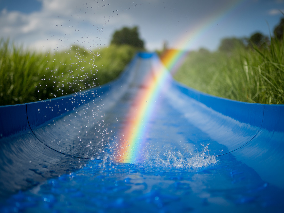 Vibrant Blue Waterslide in Lush Green Landscape