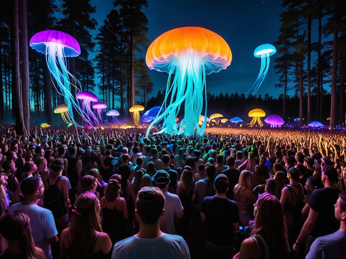 Crowd in Dark Forest Enjoying Stage Performance with Lights