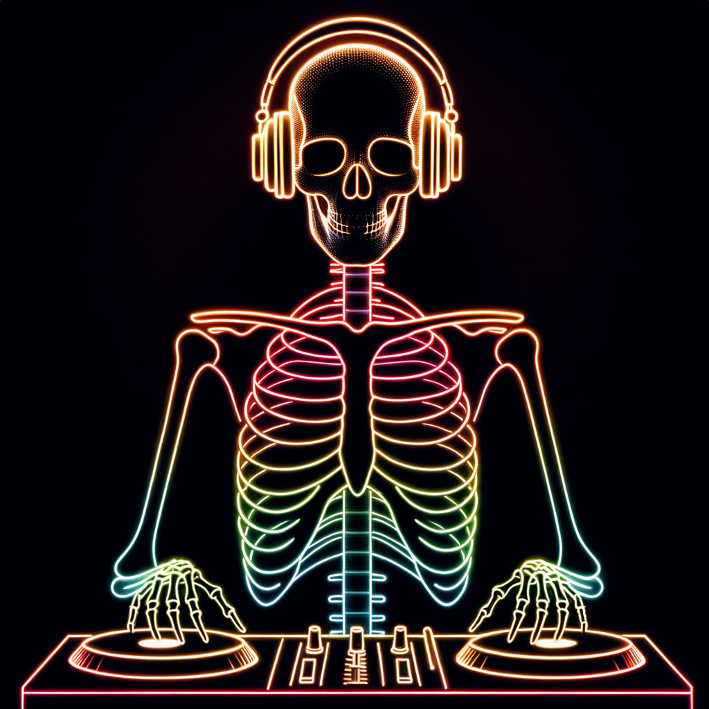 Neon Art Illustration of a Skeleton DJ with Turntables
