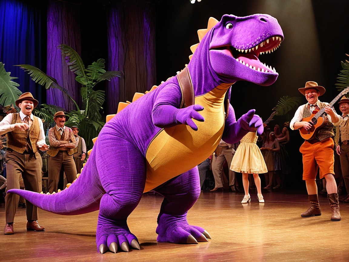 Large purple dinosaur on stage with a man laughing