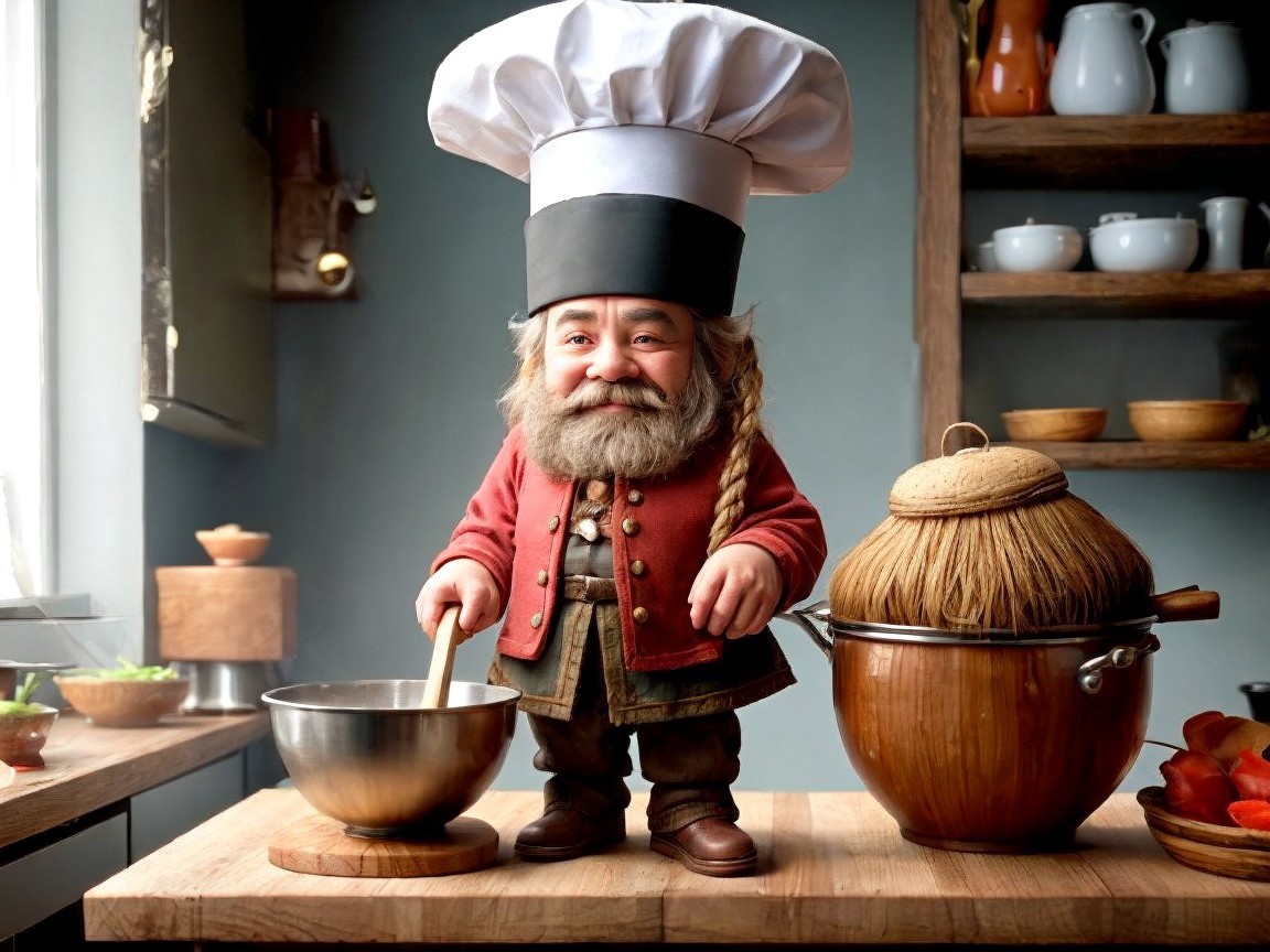 Gnome-like chef in a colorful kitchen setting