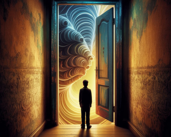Child in Dark Corridor Facing Open Door with Light Vortex