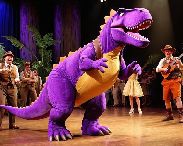 Large purple dinosaur on stage with a man laughing