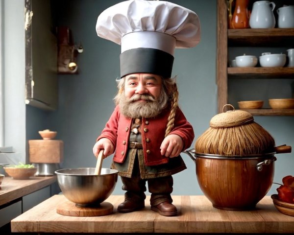 Gnome-like chef in a colorful kitchen setting