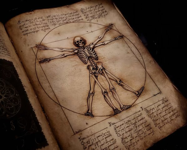 Old Leather-Bound Book with Anatomical Skeleton Illustration