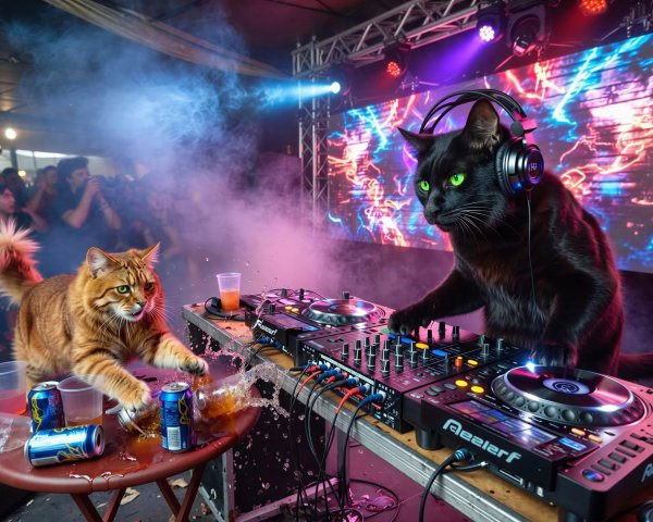 Black Cat DJing with Neon Lights and Dancing Cats