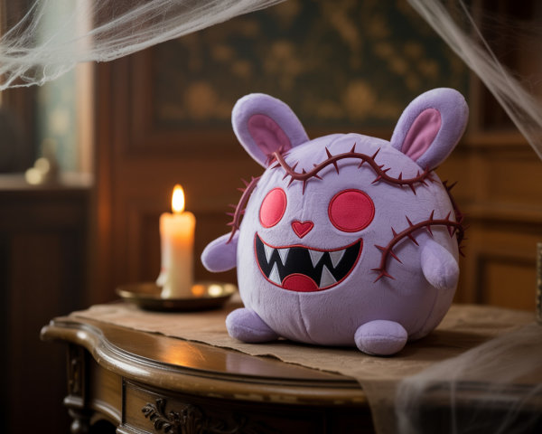 Whimsical Plush Purple Bunny on Wooden Table