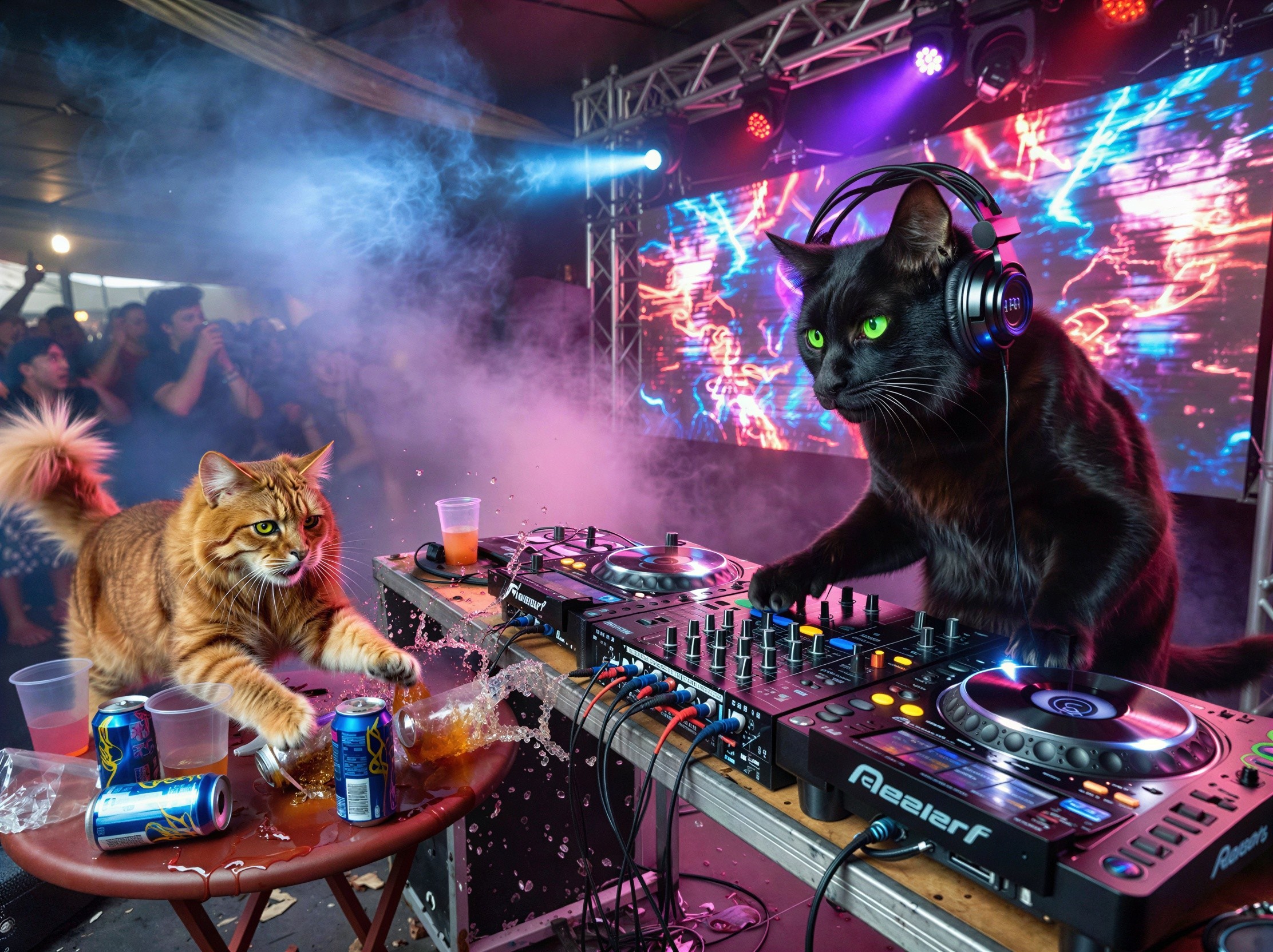 Black Cat DJing with Neon Lights and Dancing Cats