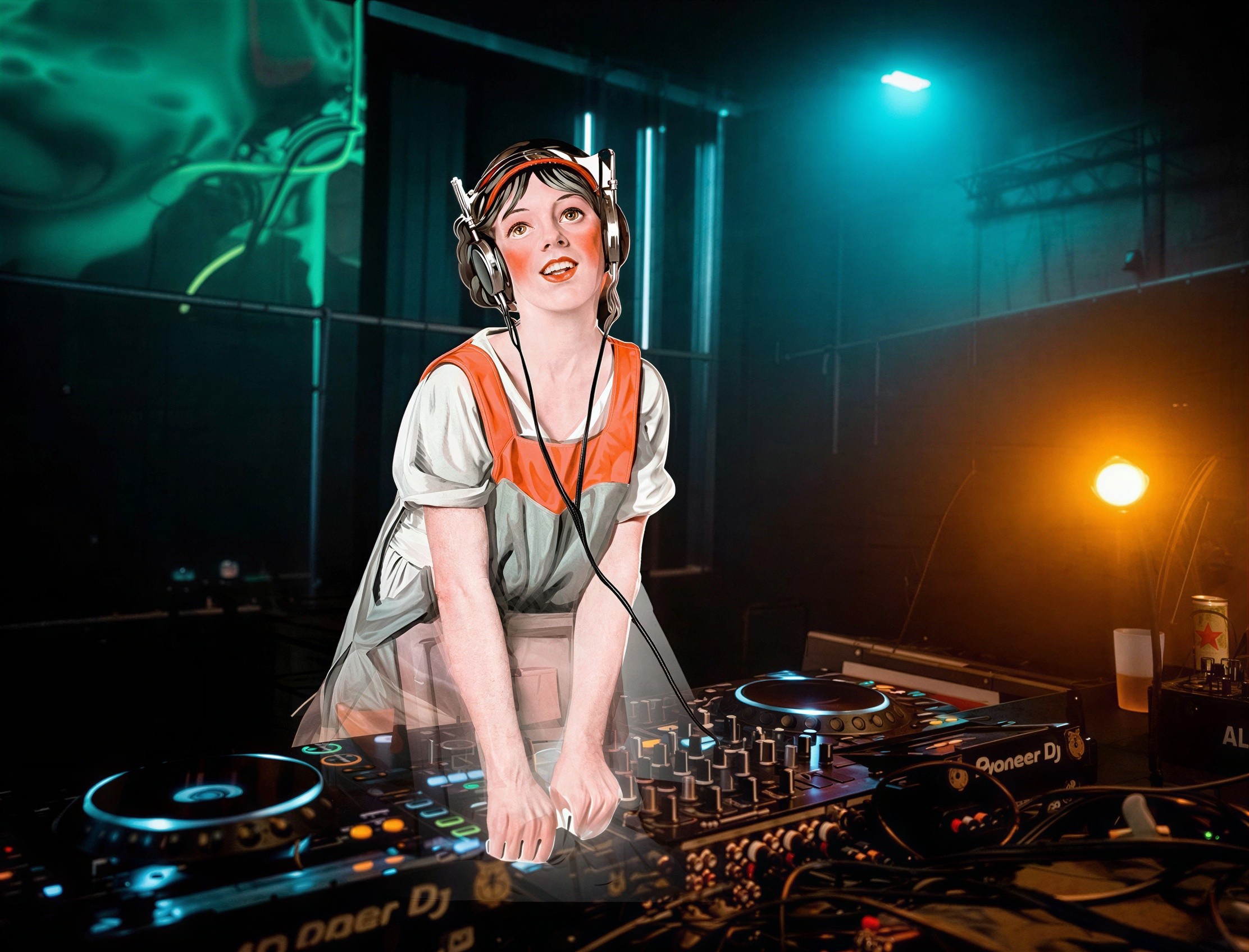 Female DJ in a dark club with vibrant lighting setup