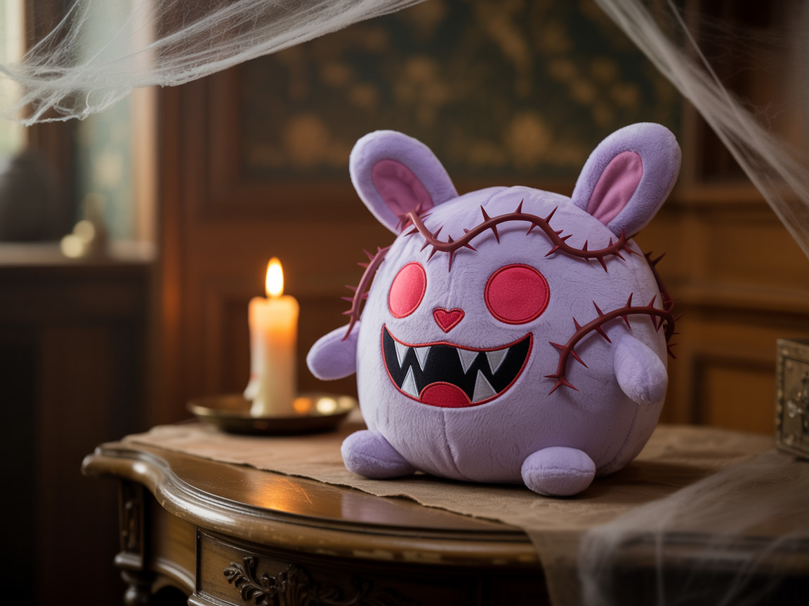 Whimsical Plush Purple Bunny on Wooden Table