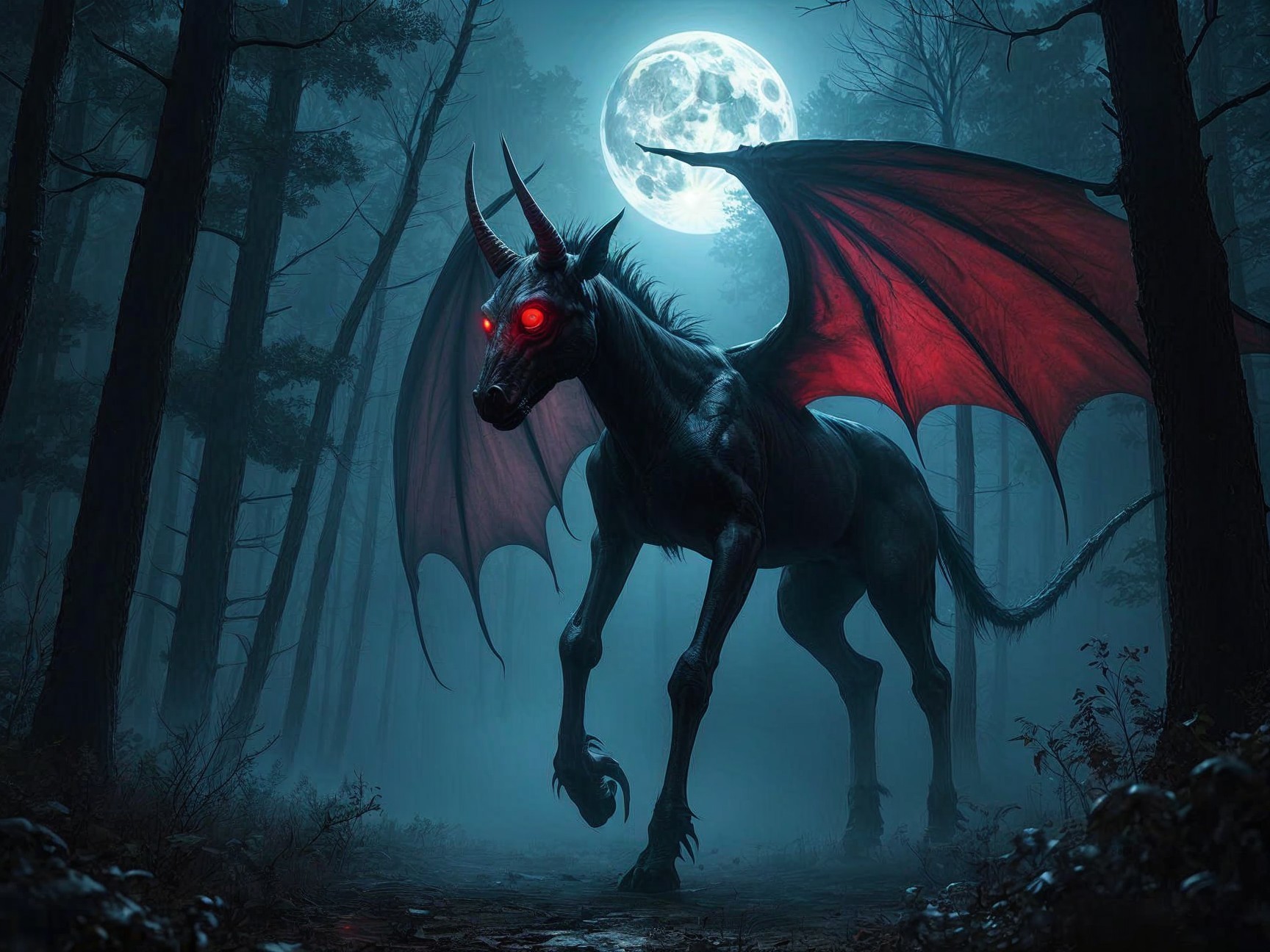 Dark Unicorn with Bat Wings in Misty Forest