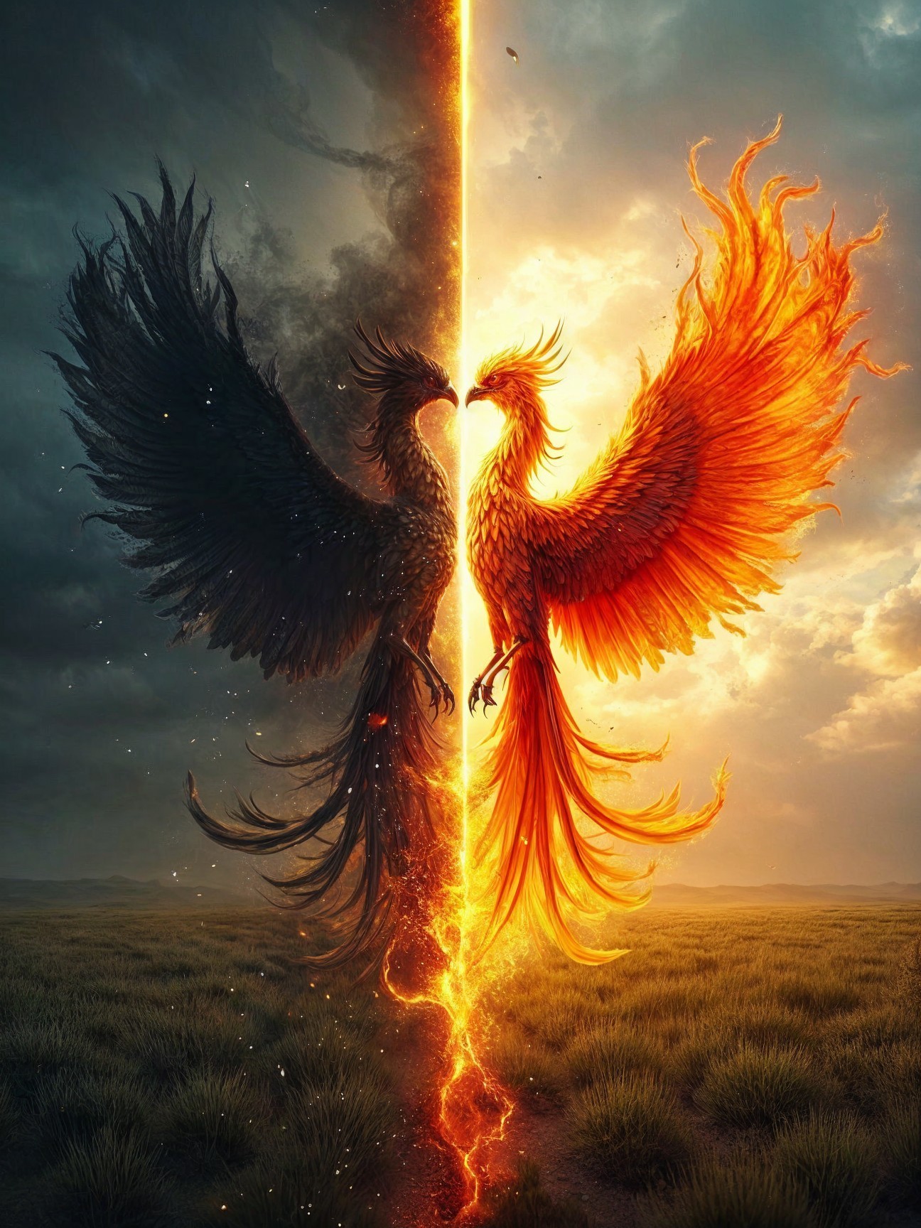 Majestic Phoenixes in Fiery Clash of Colors