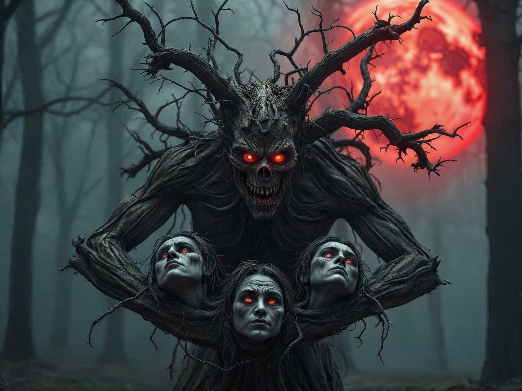 Sinister tree-like creature in a misty forest setting