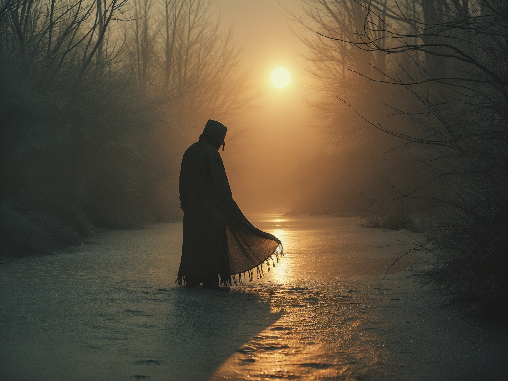 Solitary Figure in Cloak Amid Misty Landscape