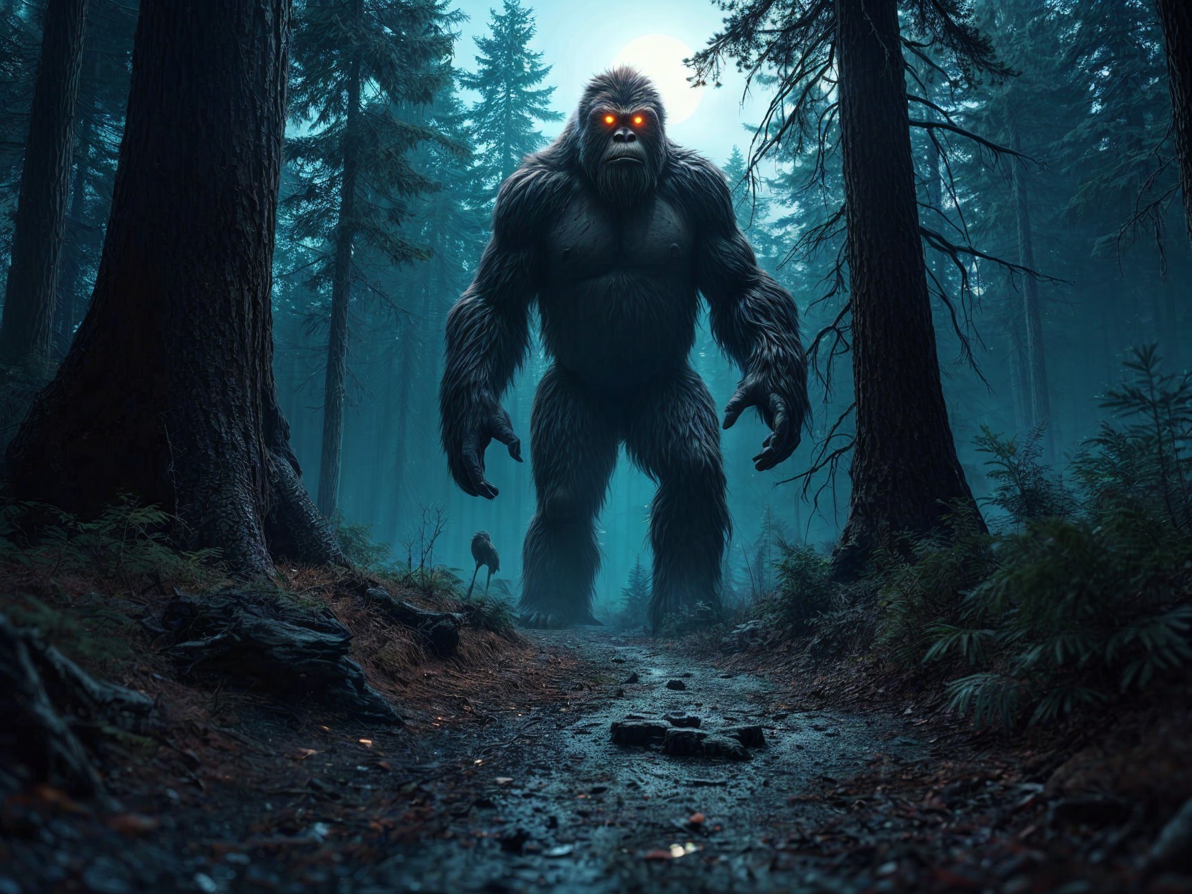 Mythical creature in a dark, misty forest setting
