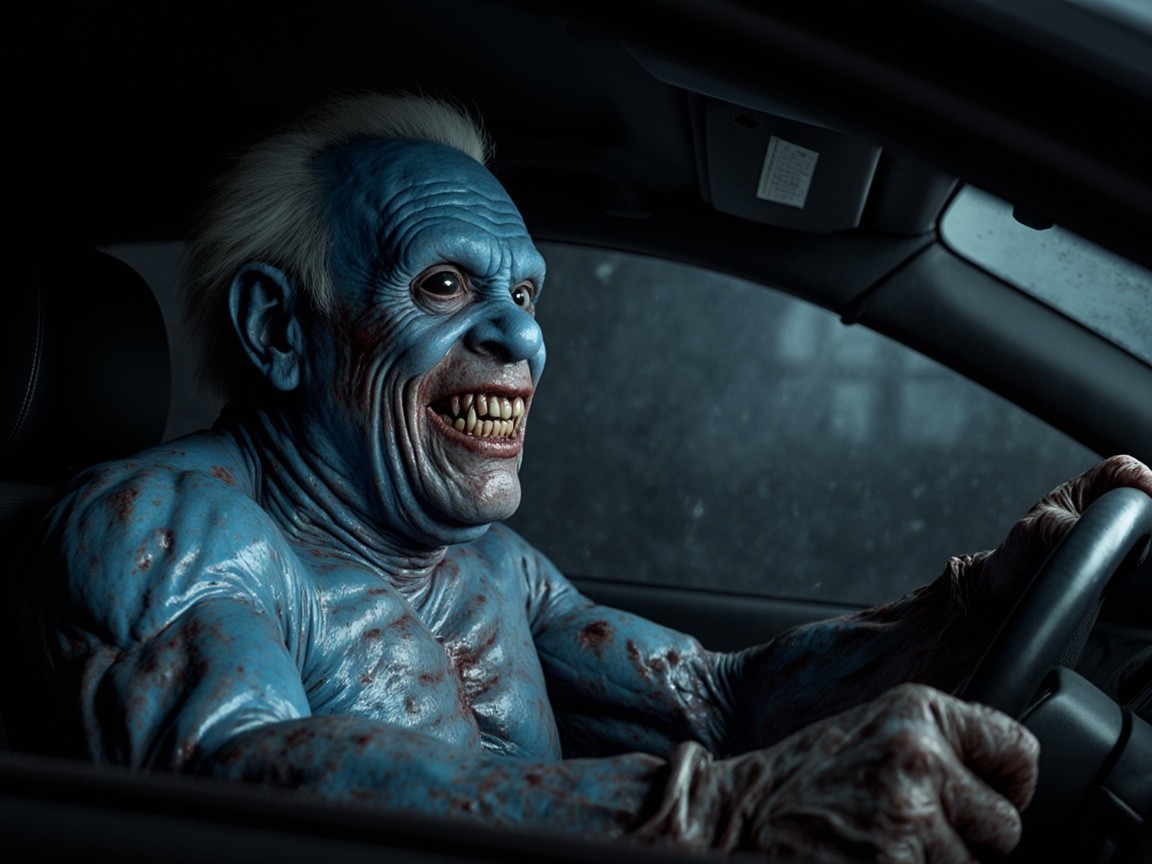 Sinister Blue Figure with Grin in Dimly Lit Car