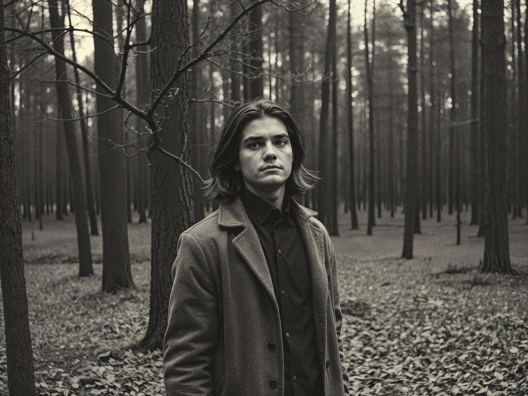 Young man in a moody black and white forest scene