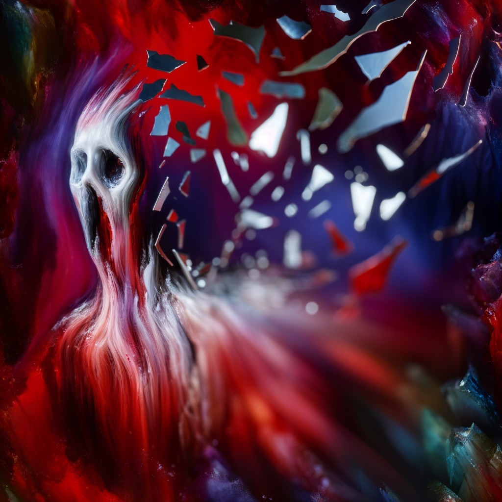 Haunting Figure with Skull Face Amid Chaotic Background