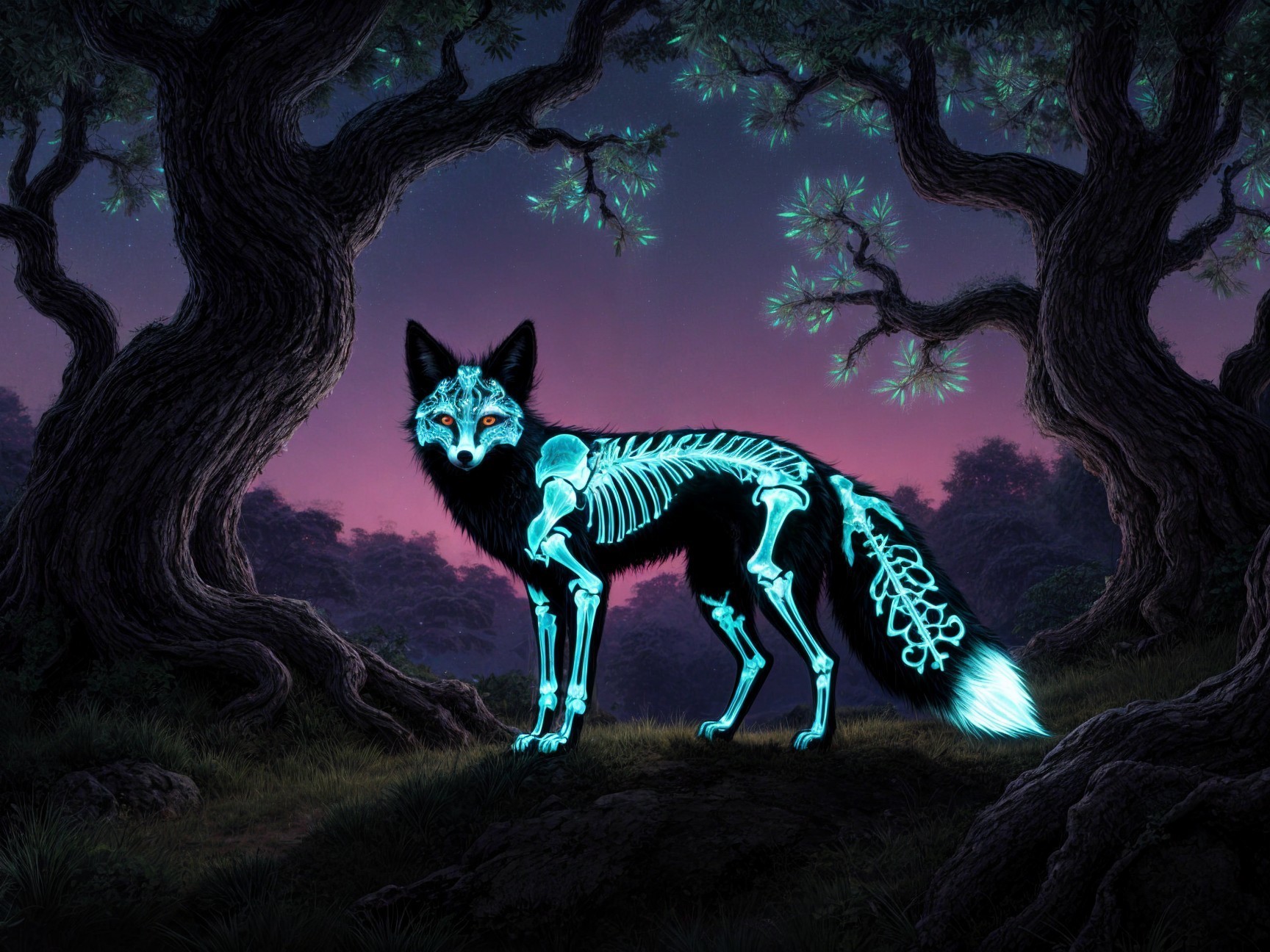 Twilight Forest Scene with Illuminated Fox