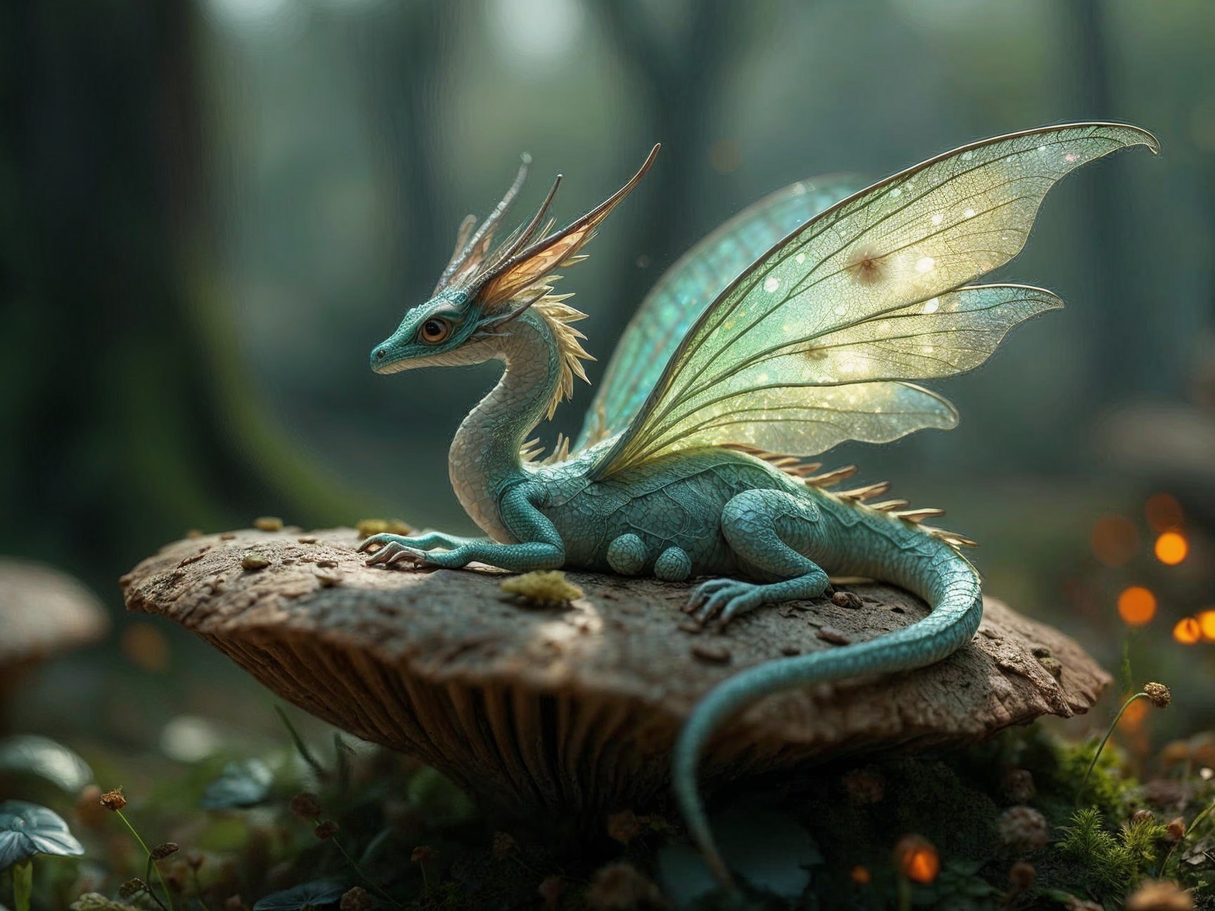 Dragon on Mushroom in Enchanted Forest Setting