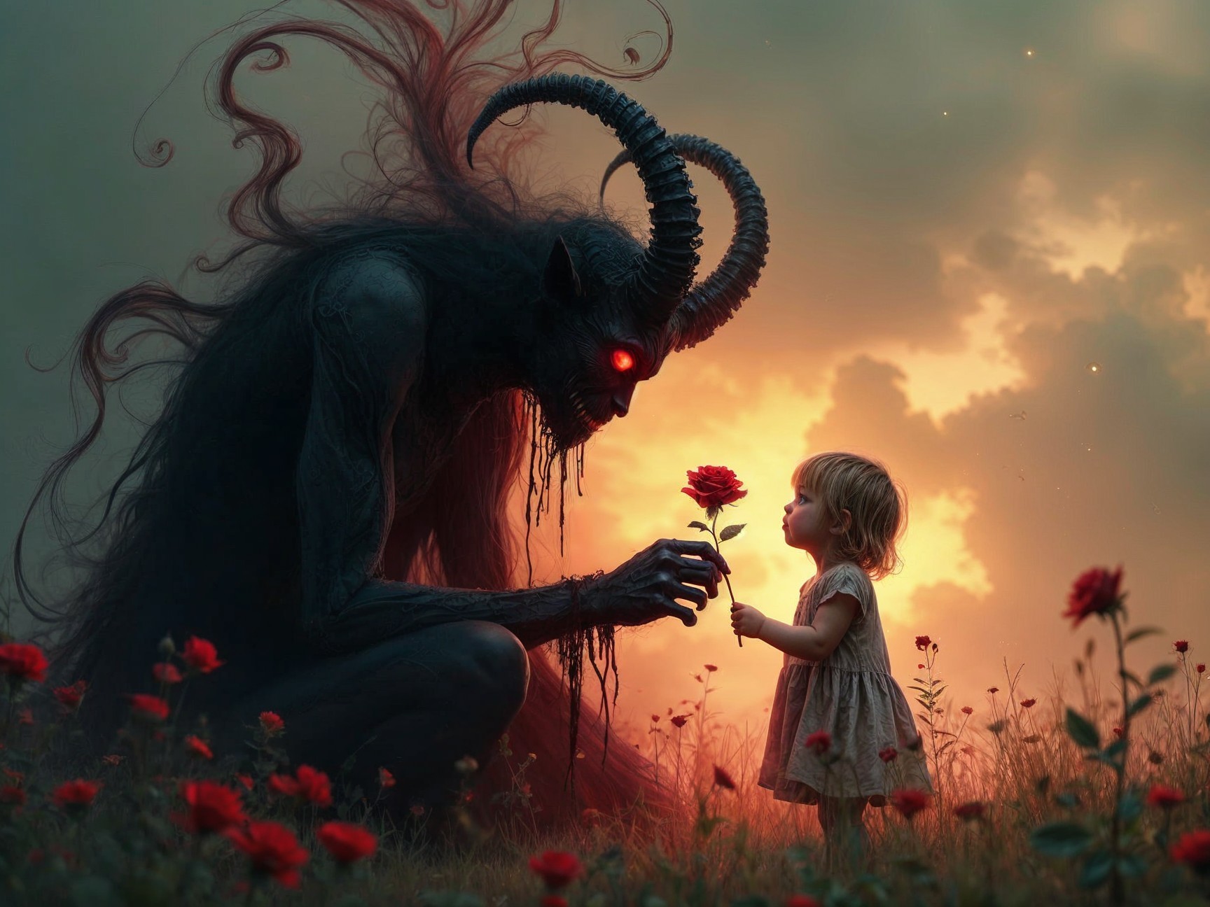 Surreal Landscape with Dark Figure and Young Girl