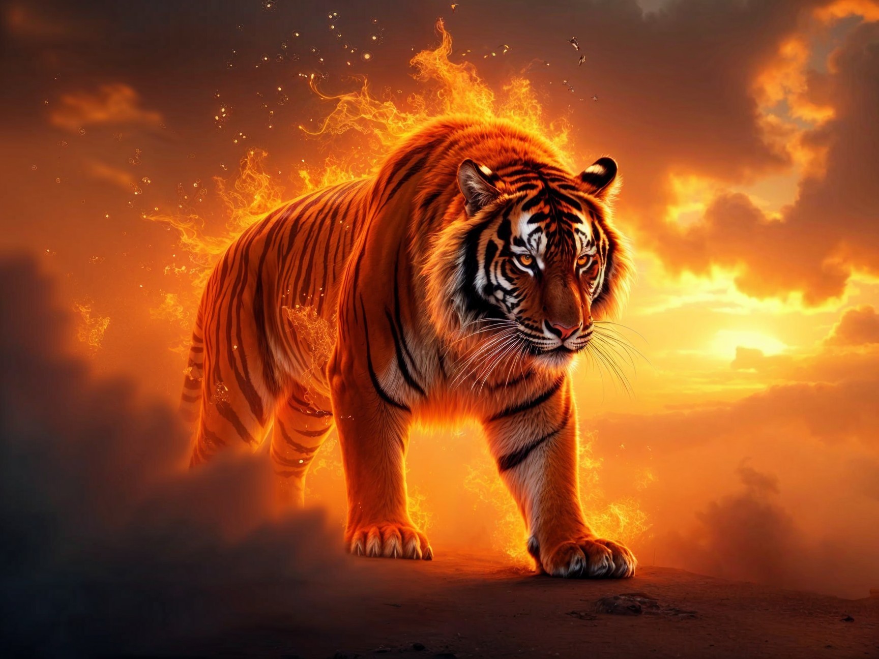 Tiger in Fiery Landscape with Sunset Glow