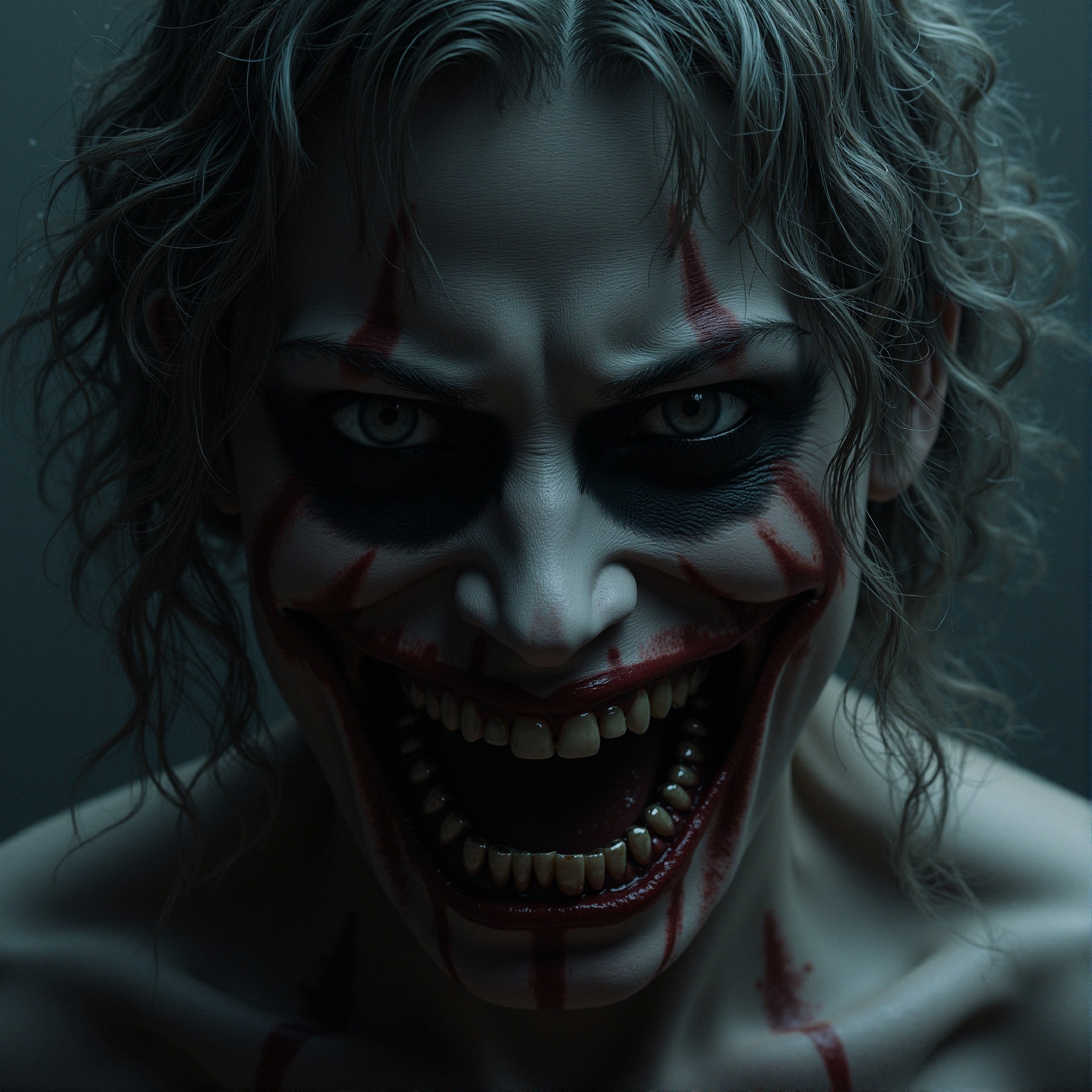 Sinister figure with wild hair and chilling grin