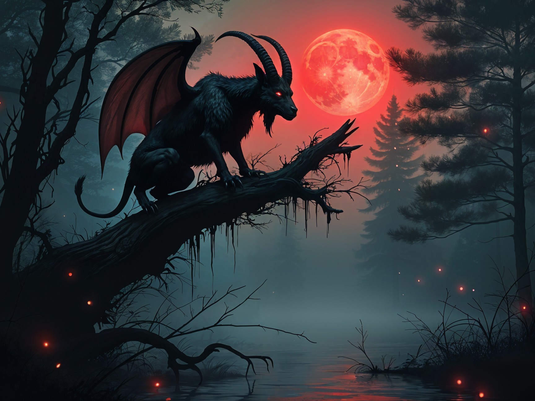 Mystical Scene Under a Blood-Red Moon with Sinister Figure