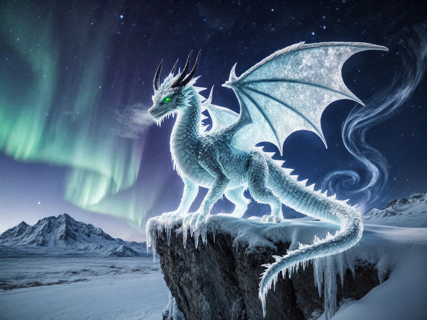 Majestic ice dragon on rocky ledge under northern lights