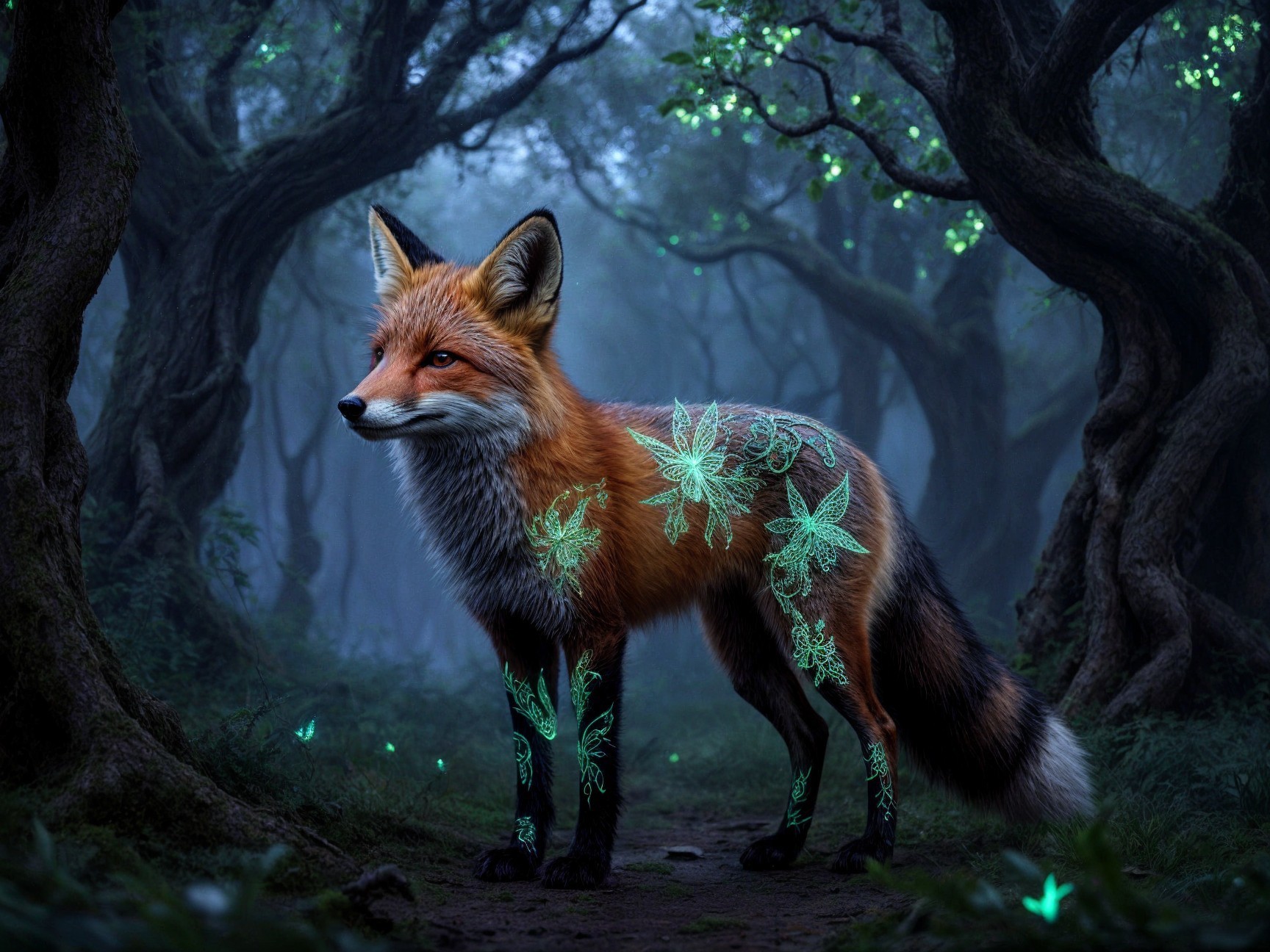 Majestic fox in a mystical foggy forest setting