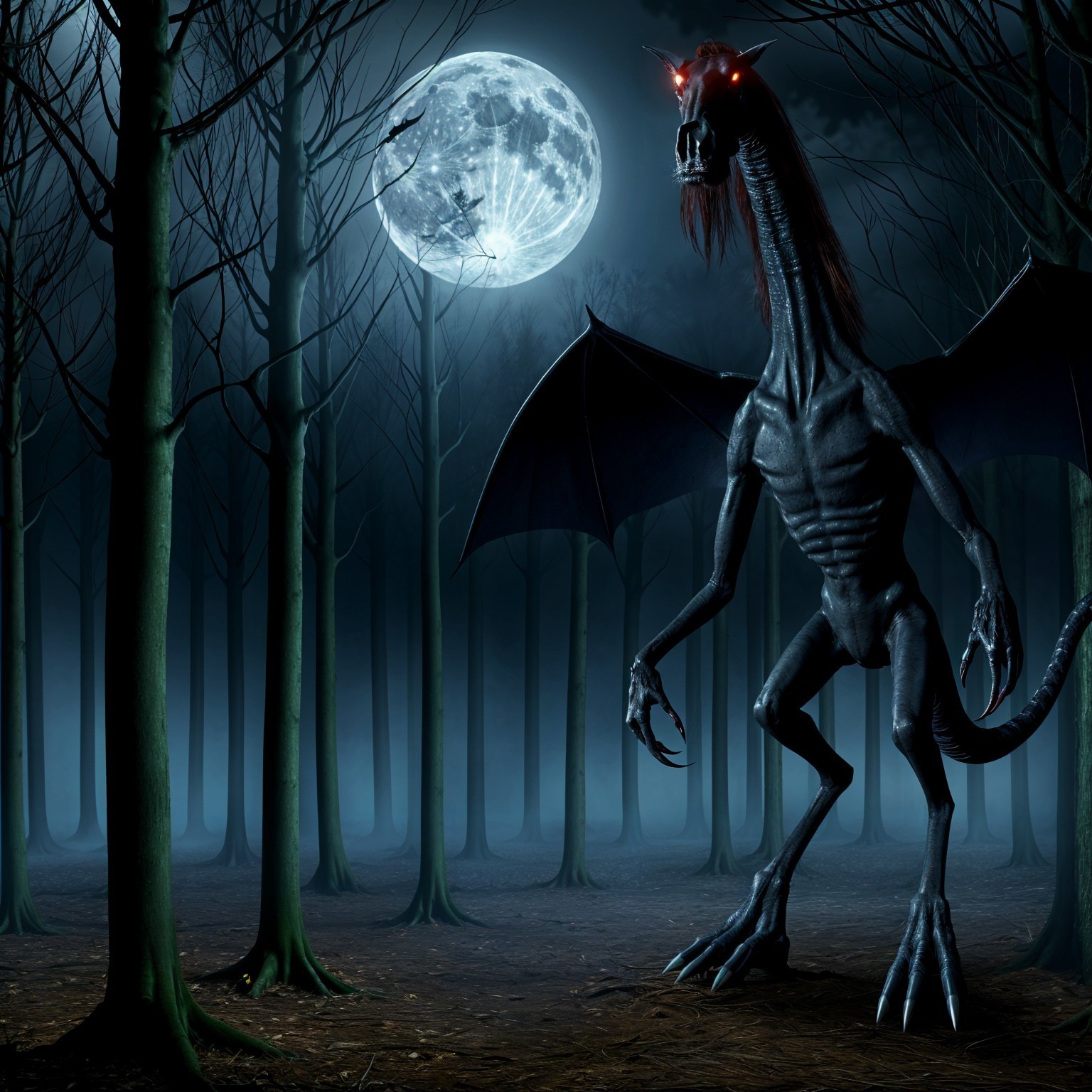 Skeletal Creature in Eerie Moonlit Forest Scene