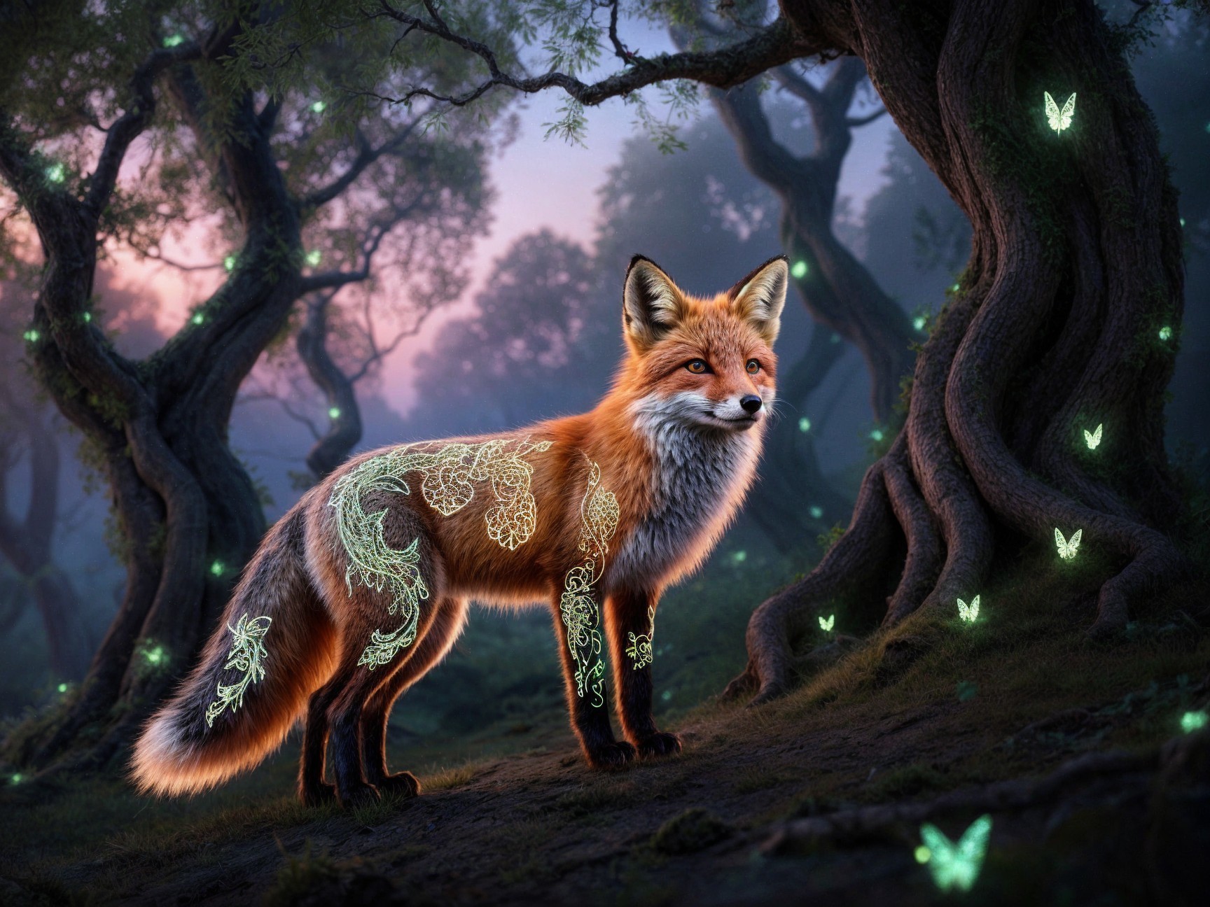 Fox in Mystical Forest at Dawn with Butterflies