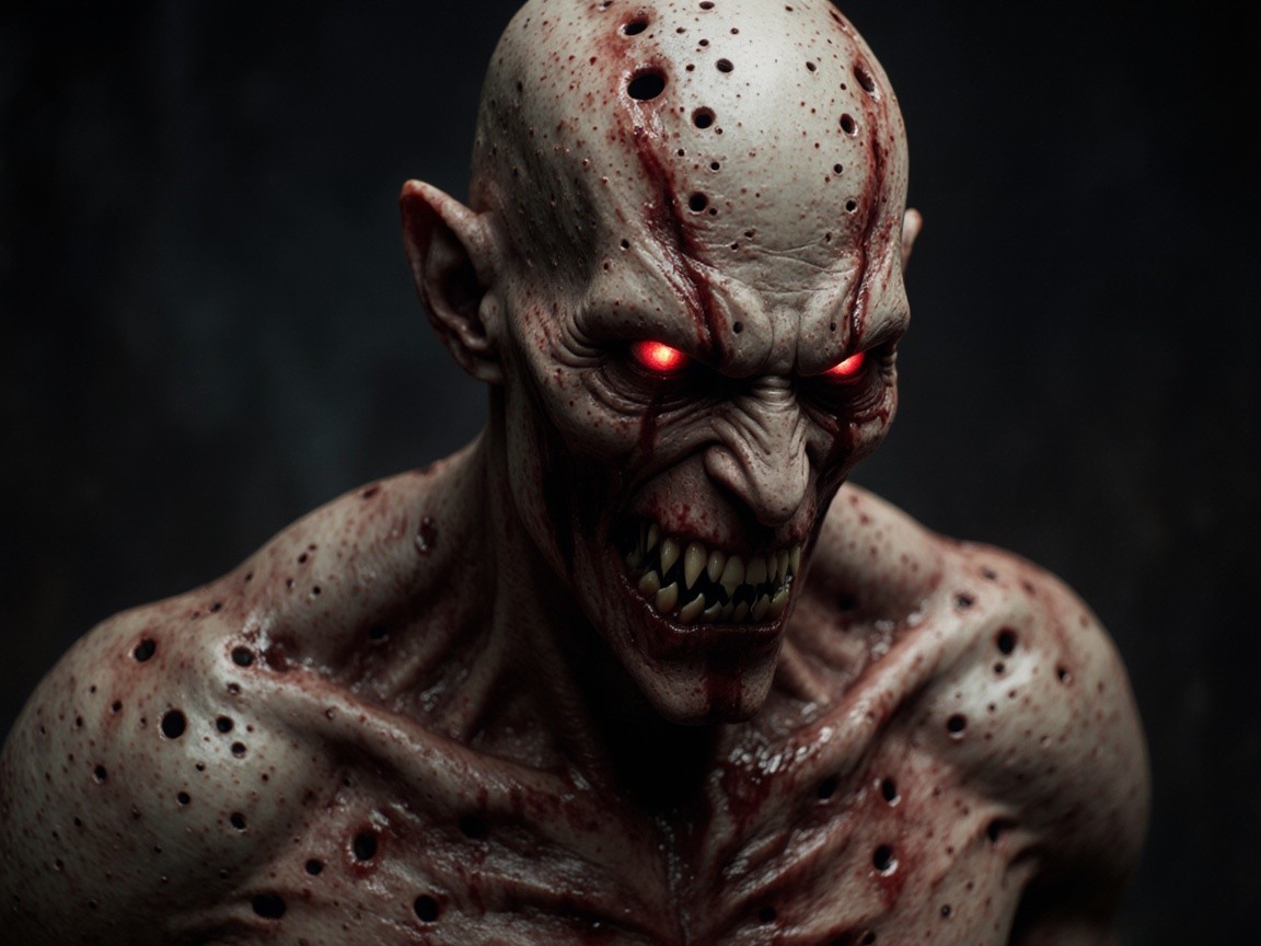 Muscular Creature with Pale Skin and Glowing Red Eyes