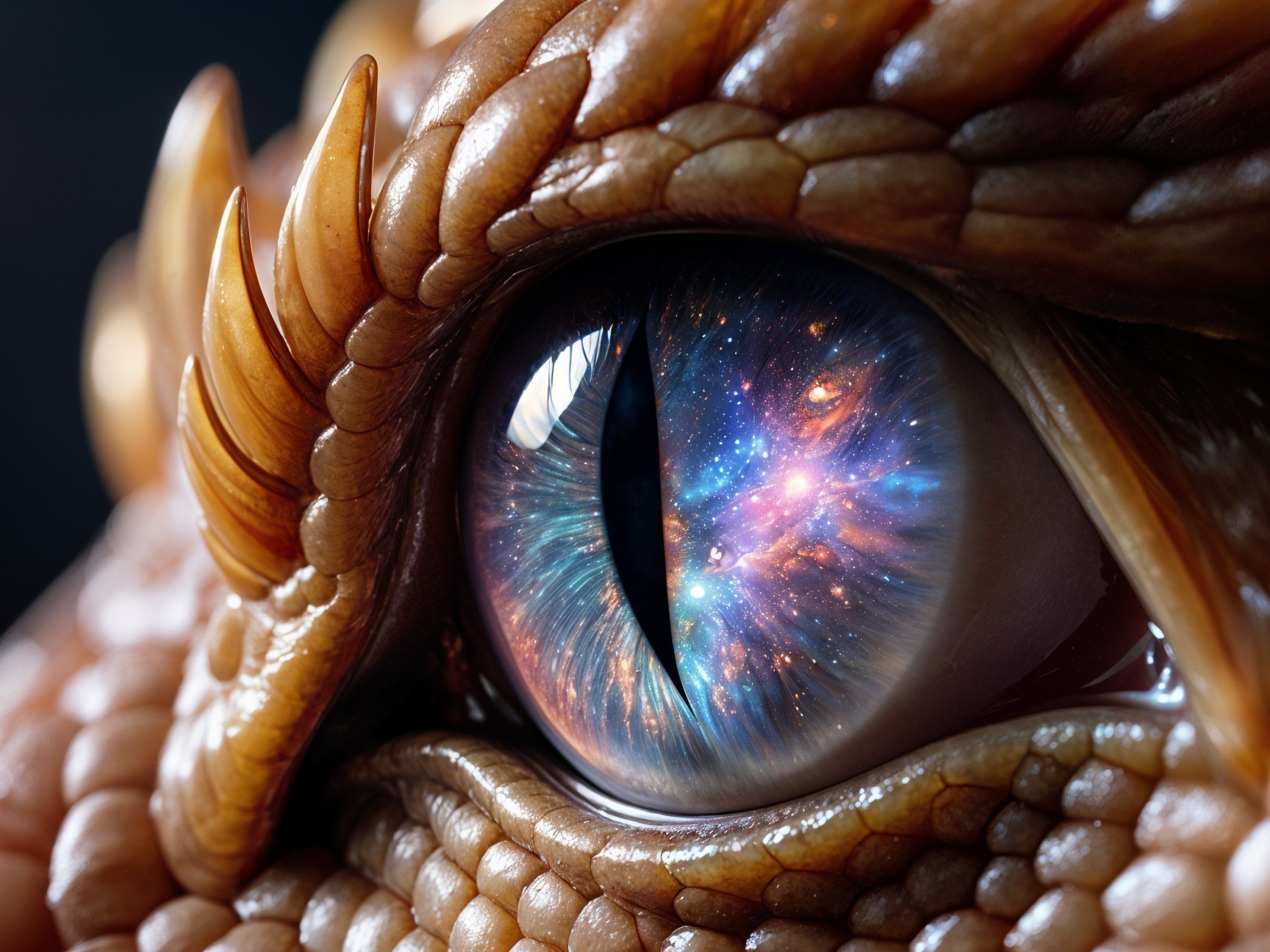 Close-Up of a Dragon's Eye with Cosmic Reflection