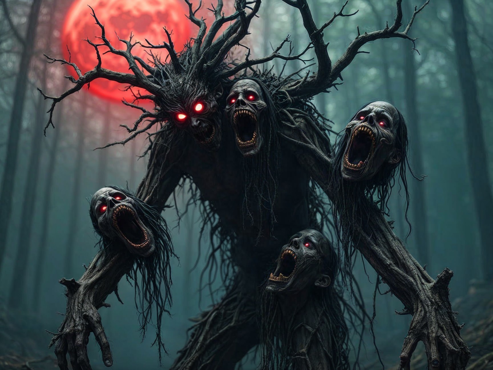 Monstrous creature in eerie forest under blood-red moon