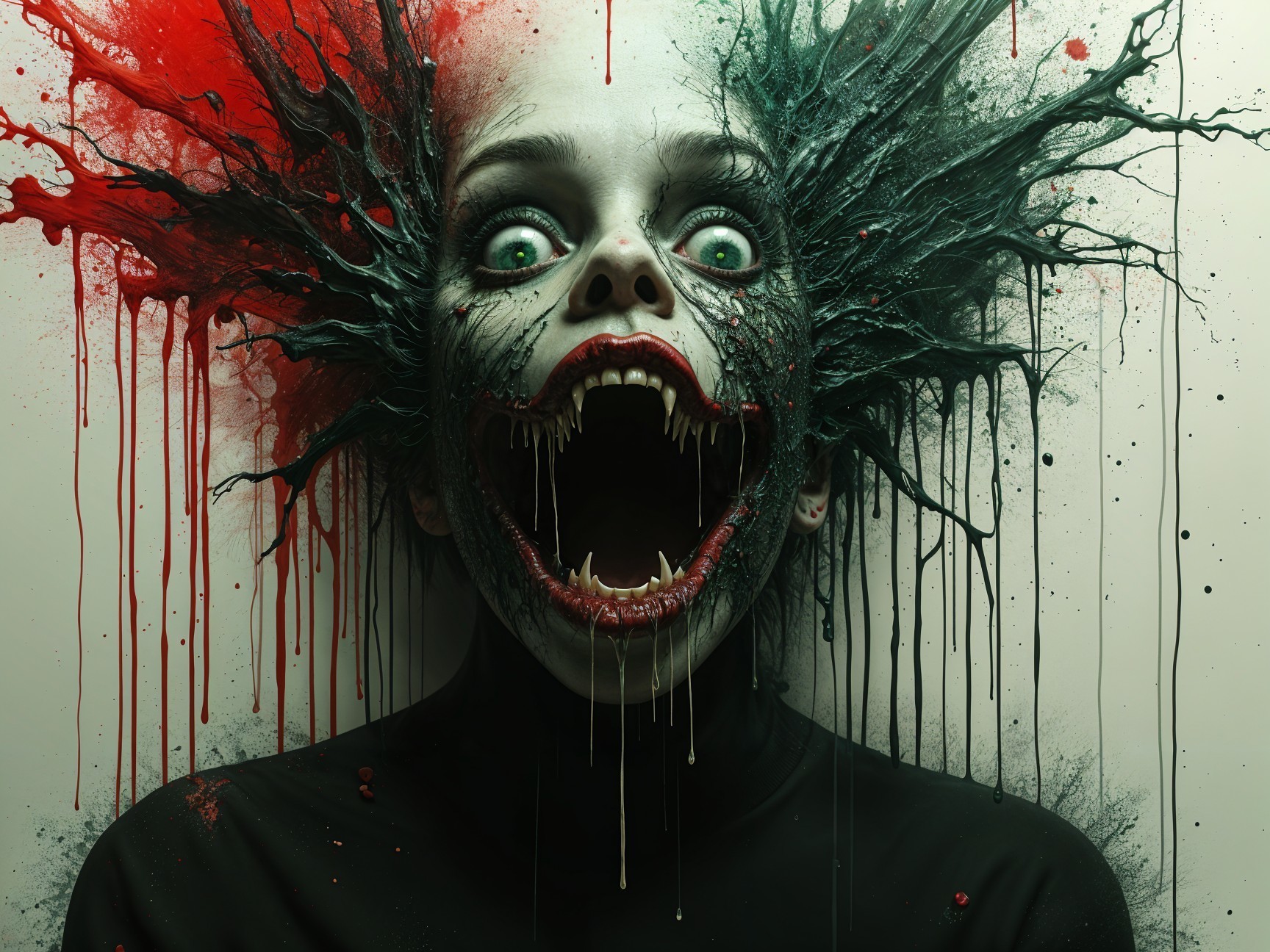 Haunting Figure with Multicolored Hair and Grotesque Face