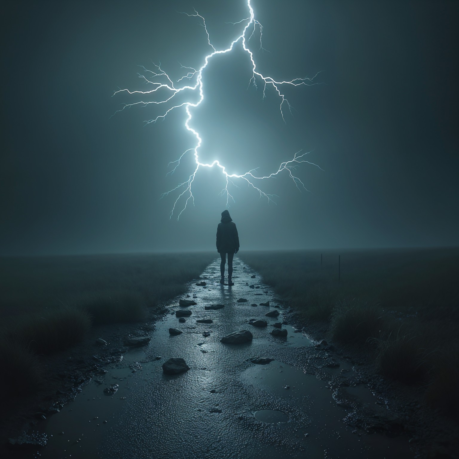 Solitary Figure on Wet Pathway Under Stormy Sky