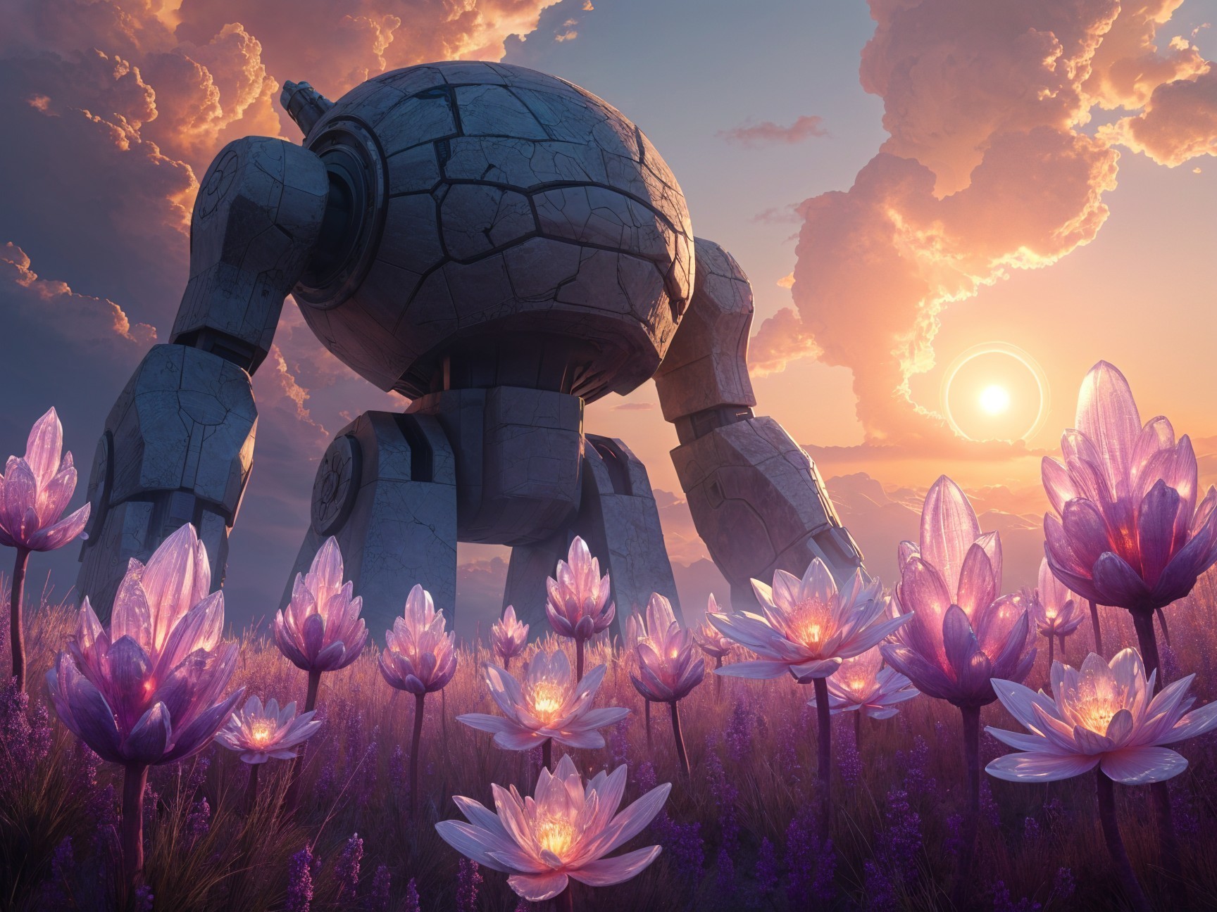 Spherical Robot in a Field of Glowing Flowers