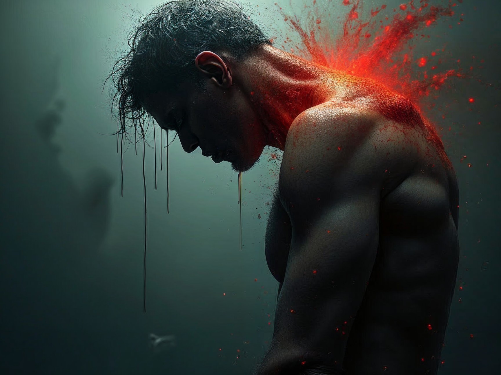 Muscular Man with Red Burst Against Dark Background