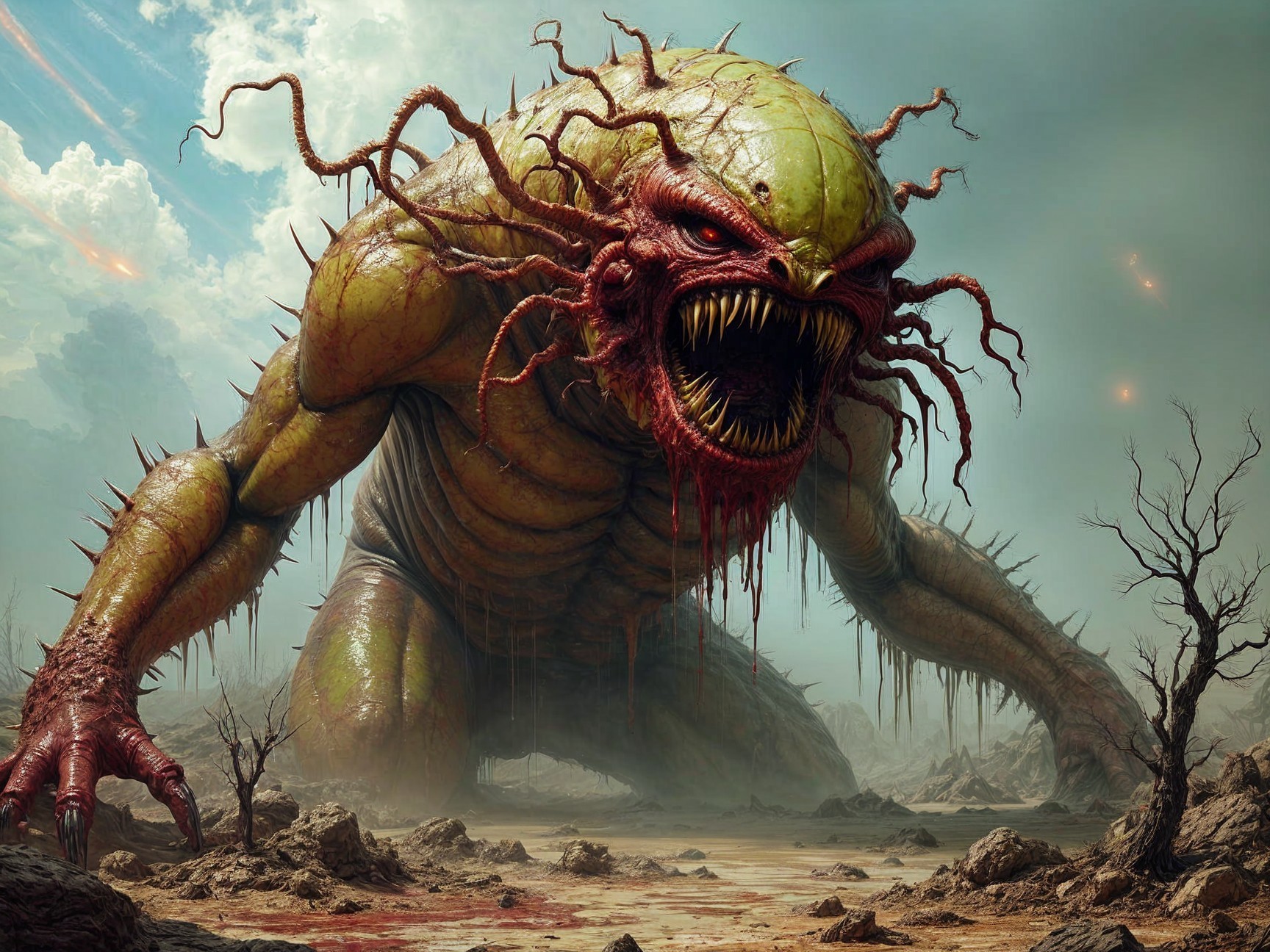 Colossal Creature in Barren Landscape with Menacing Features
