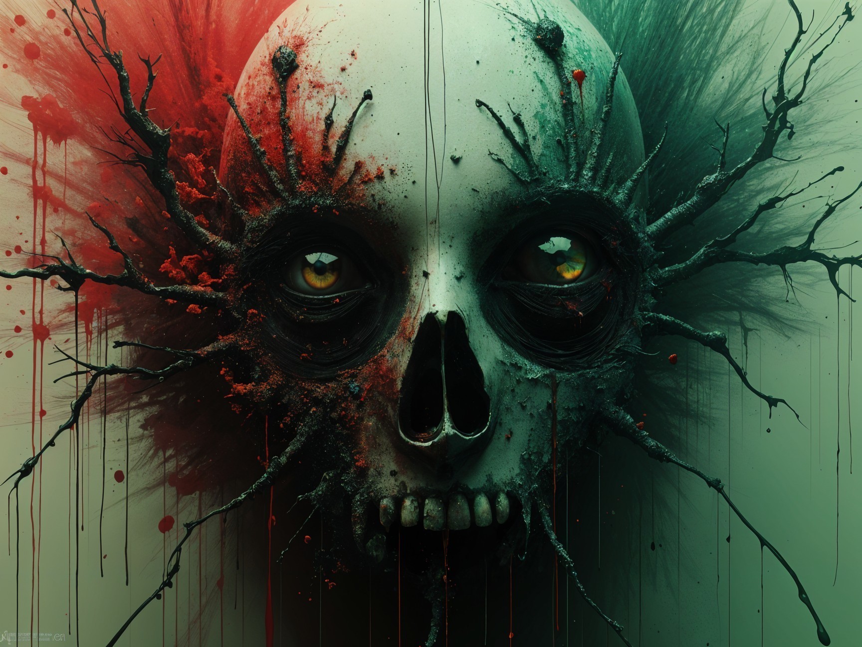 Surreal Skull with Vibrant Colors and Twisted Branches