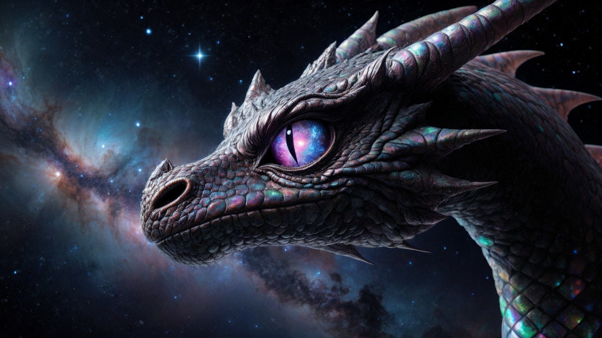 Dragon Head Against Swirling Galaxy Background