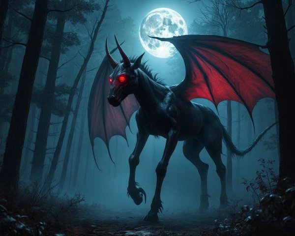 Dark Unicorn with Bat Wings in Misty Forest