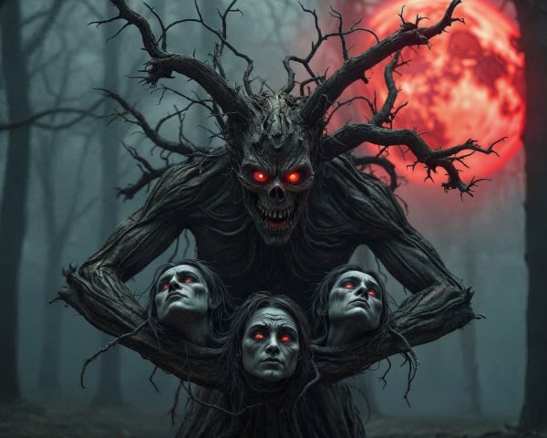 Sinister tree-like creature in a misty forest setting