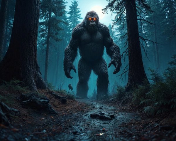 Mythical creature in a dark, misty forest setting