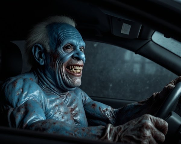 Sinister Blue Figure with Grin in Dimly Lit Car