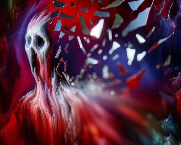 Haunting Figure with Skull Face Amid Chaotic Background
