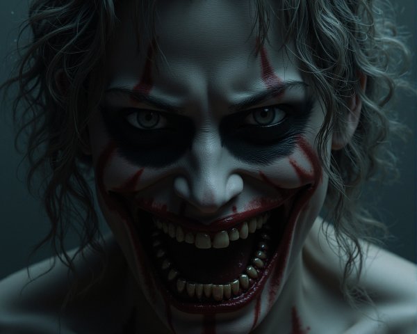 Sinister figure with wild hair and chilling grin